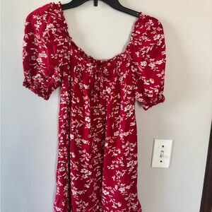 Red Floral Puff Sleeve Dress